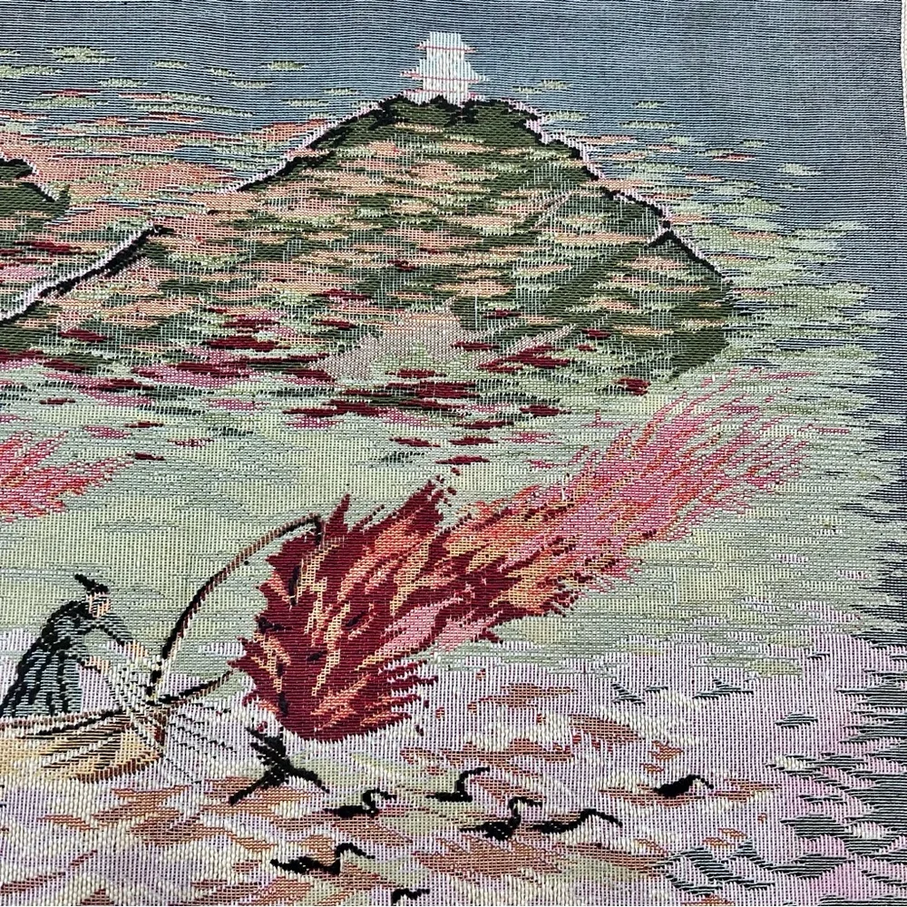 Vintage 2 Japanese Woven Silk Tapestry Wall Hanging Table Cloth Placemats - Mint